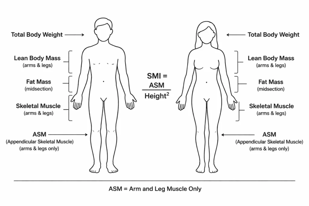 diagram showing human body composition
including total body weight lean body mass
fat mass skeletal muscle and appendicular
skeletal muscle ASM used to calculate
skeletal muscle index SMI