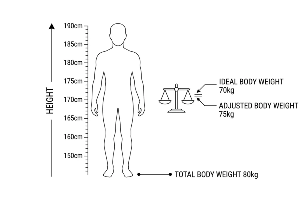 Ideal body weight reference diagram showing height measurement and weight comparison