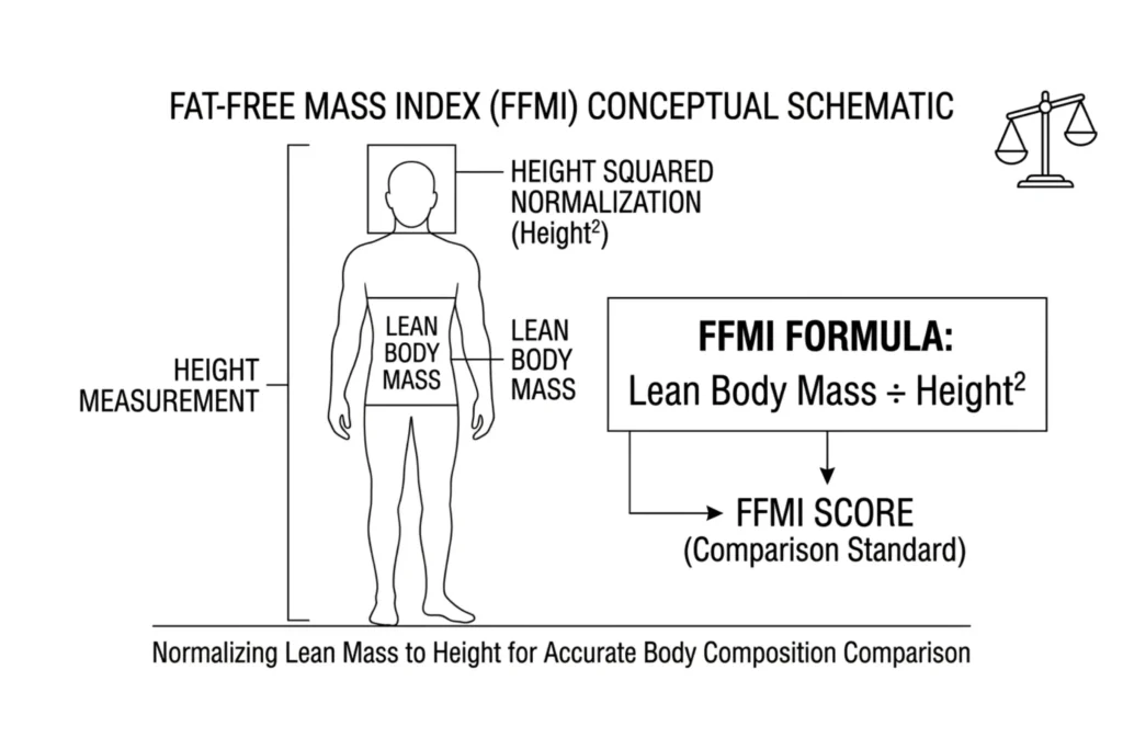 FFMI formula diagram showing lean body mass divided by height squared for fat free mass index calculation