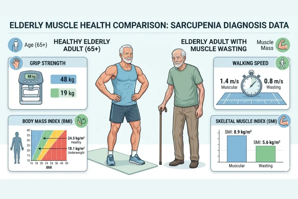 Sarcopenia Risk Calculator scoring chart showing age, grip strength, and walking speed risk levels