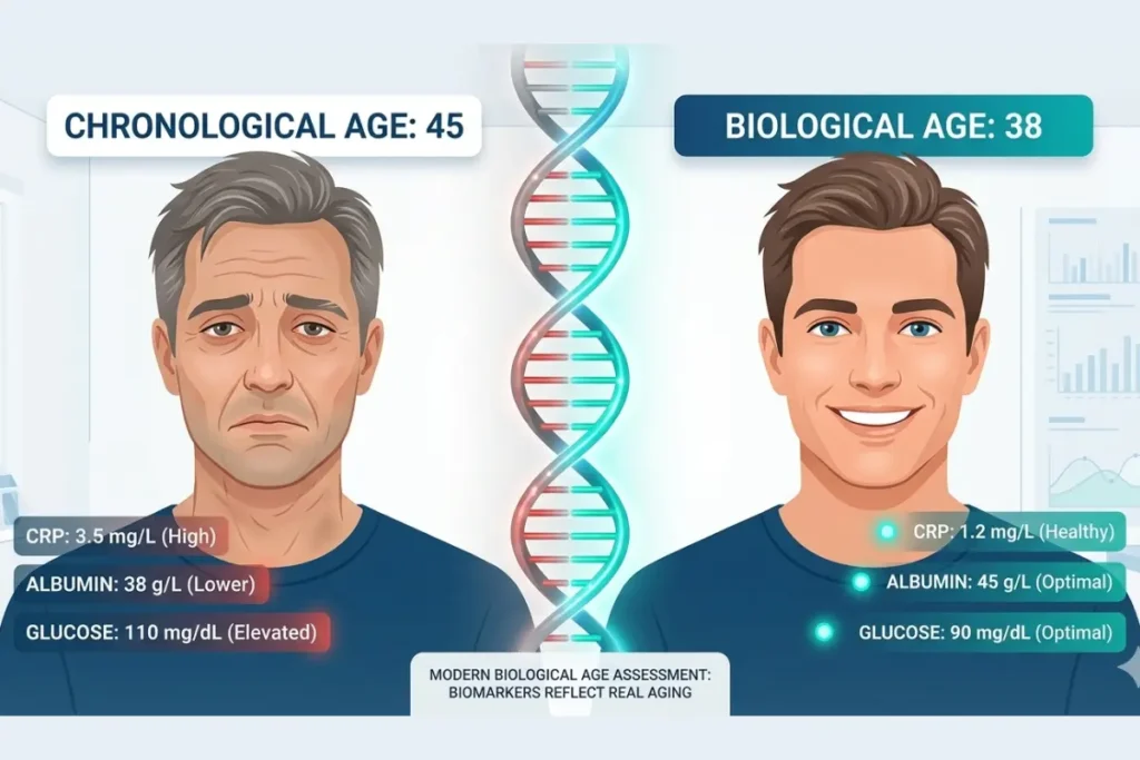 Biological age calculator comparing  phenotypic age versus chronological age using  blood test biomarkers