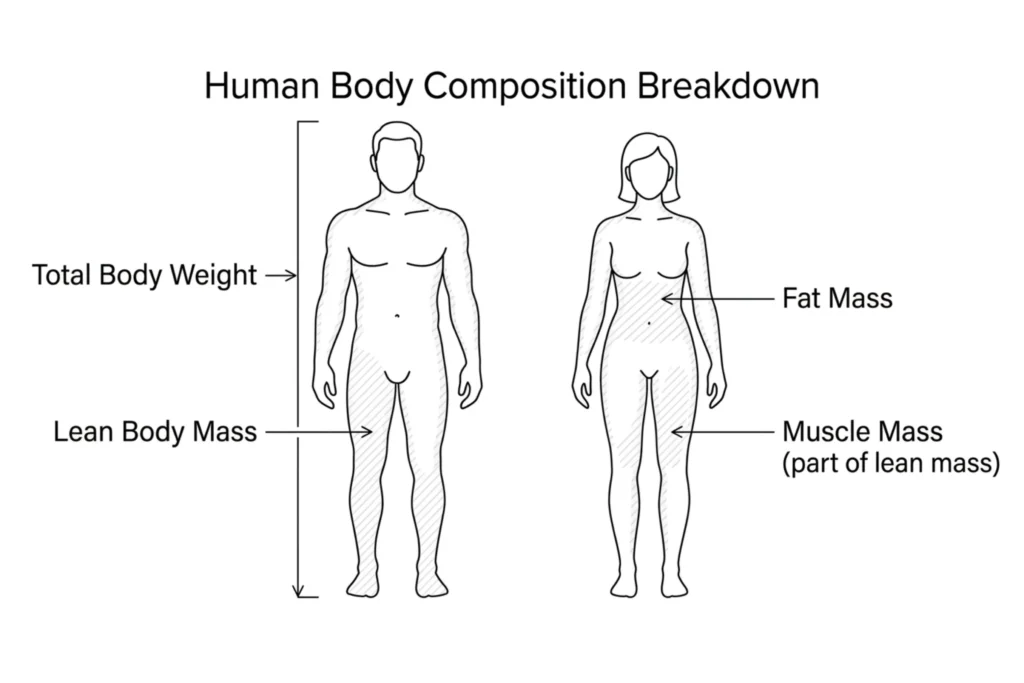 Lean body mass vs fat mass diagram showing muscle mass and total body weight breakdown

