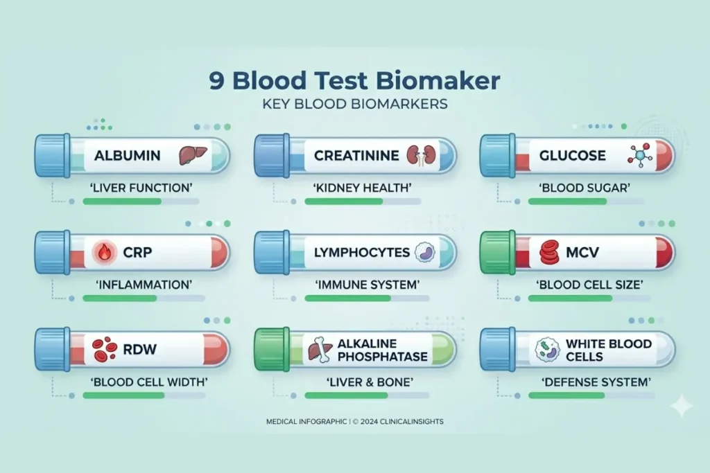 9 blood test biomarkers used in the biological age calculator including albumin creatinine CRP and glucose