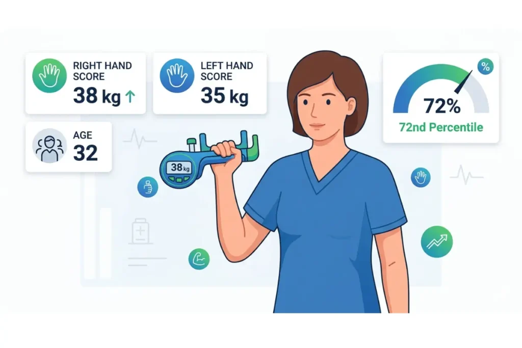 Grip strength calculator showing percentile
result by age gender and height